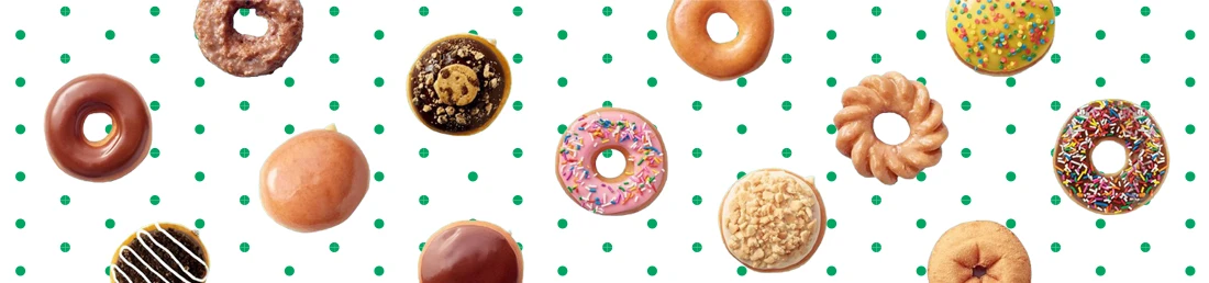Directory 105 Fallen Donuts from Krispy Kreme with different flavors and has a dotted background image.