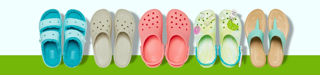 Directory 107 Crocs and there branding slippers with different colors and styles.