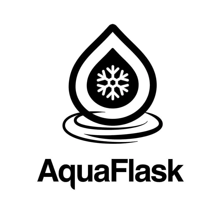Aqua Flask logo on a black color theme with droplet and snow icon inside.