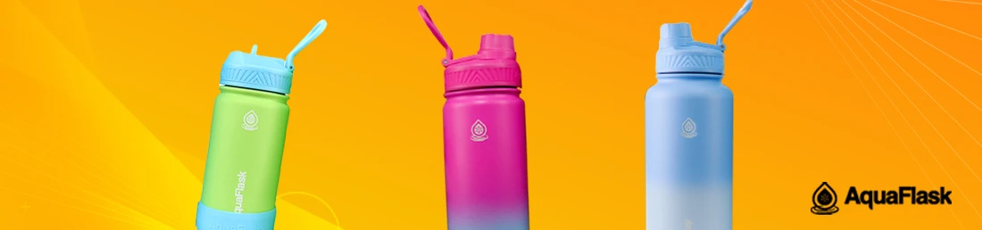 Directory 111 Three aquaflask with different colors and styles and a yellow background.