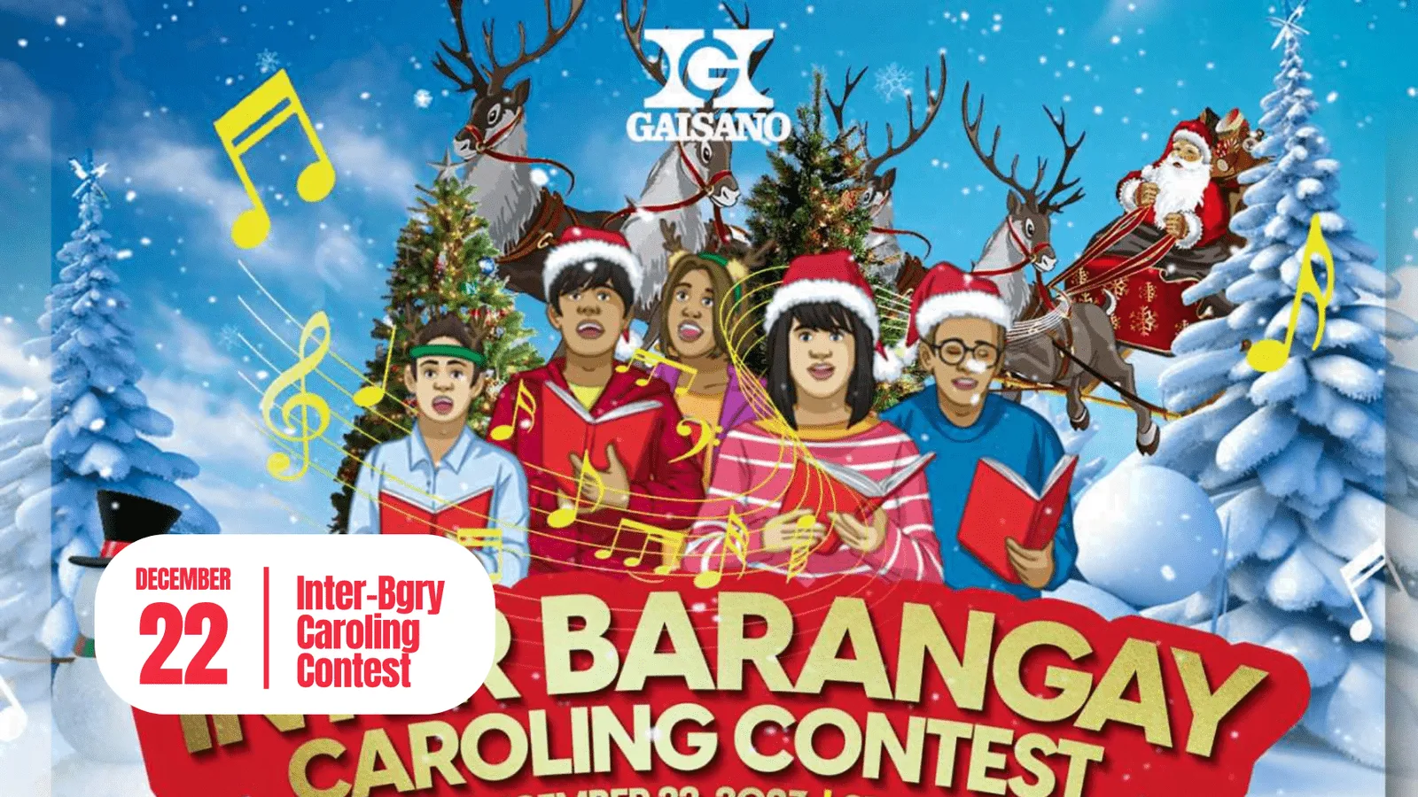 "Christmas caroling contest flyer: Join Inter Barangay Caroling Contest competition celebrating the holiday season."
