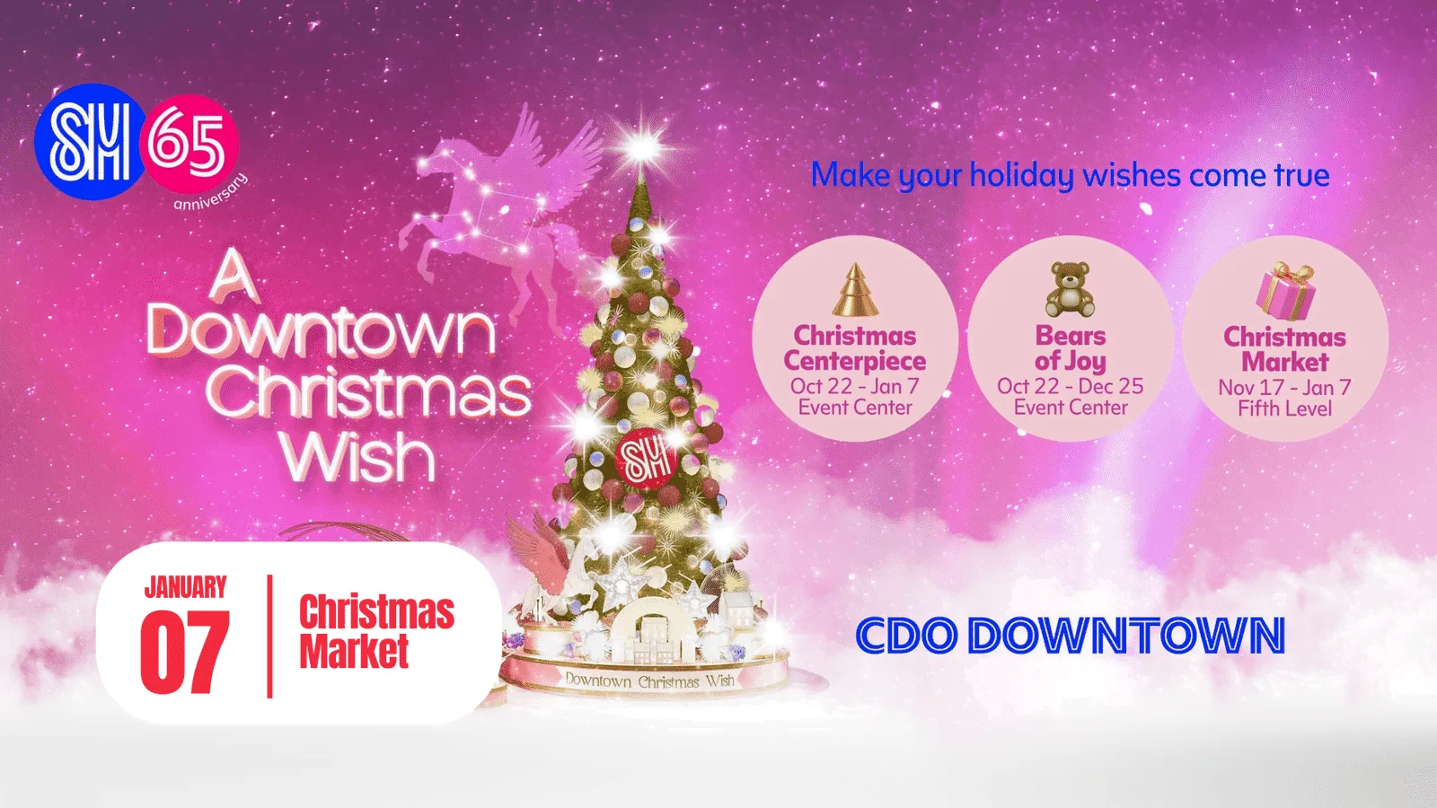 A festive downtown Christmas wish banner adorned with a Christmas tree and various holiday-themed items.