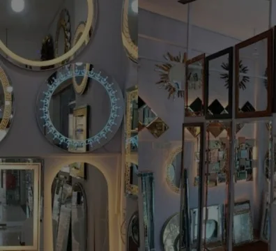 A glass store with various glass products on display.