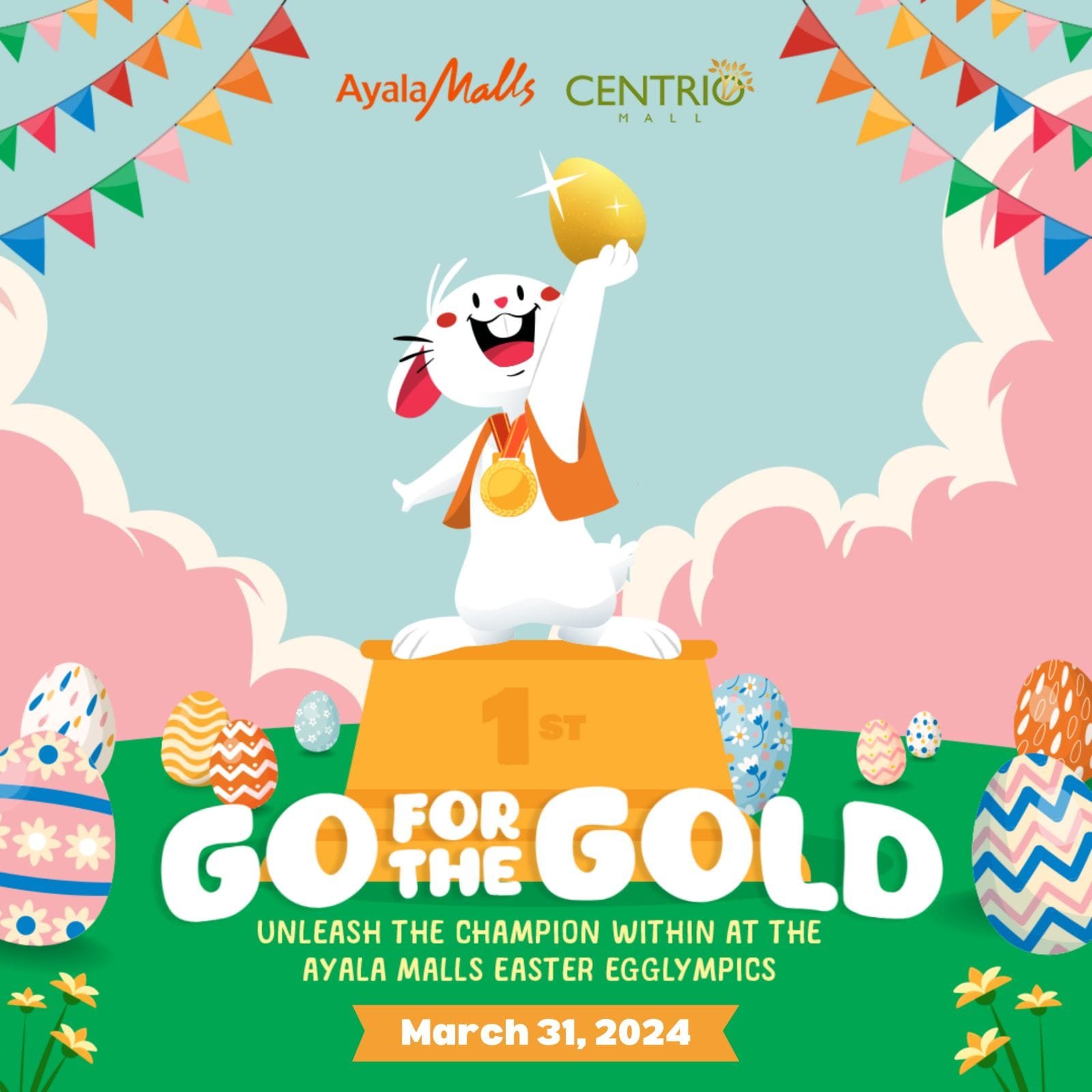 Poster for the Easter Egg Hunt: "Go for the Gold Easter Egglympics Event" featuring colorful eggs and a festive design.
