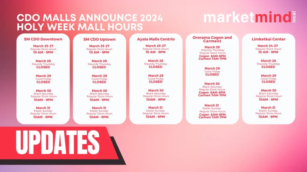 Calendar for 2024 with highlighted Holy Week Mall hours announcement at CDO Malls.