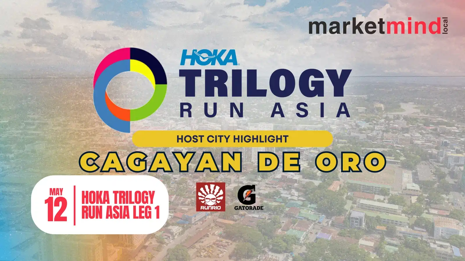 Three runners participating in the Hoka Trilogy Run Asia, racing through a scenic Asian landscape.