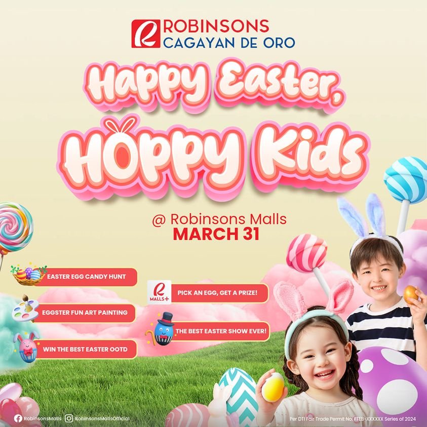 Flyer for the Happy Easter Hoppy Kids Event featuring colorful illustrations and event details.