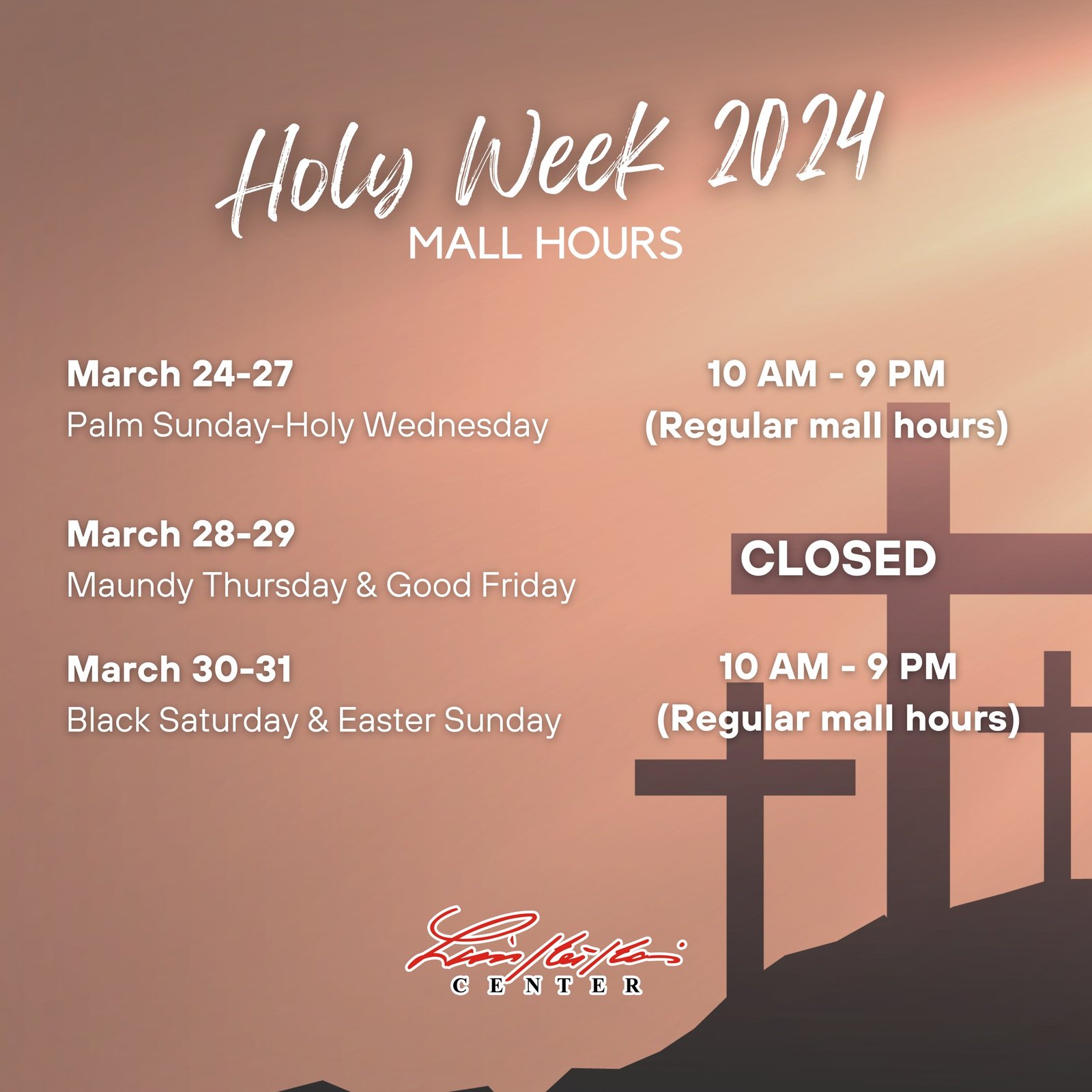 Holy Week 2021 mall hours: Check out the Holy Week Mall Schedule for this year's operating hours.