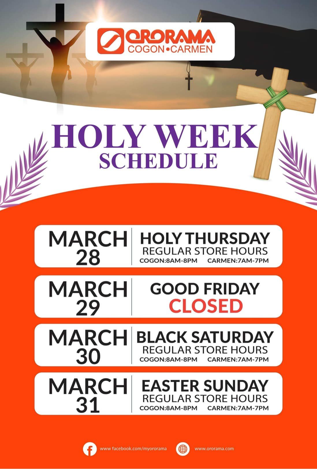 Holy Week Mall Schedule: A calendar with dates and times for special events and services during Holy Week at the mall.