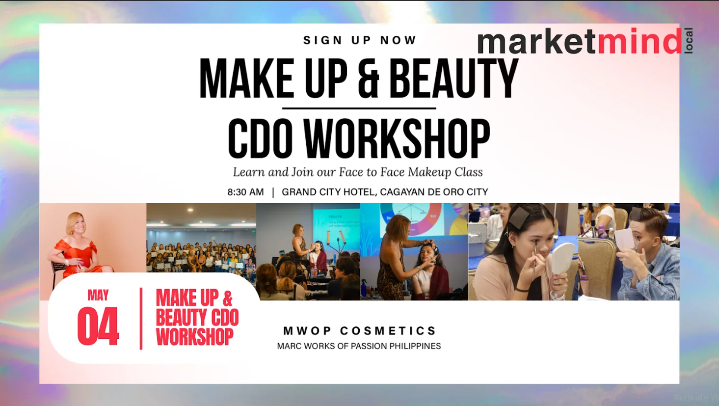 Makeup and Beauty CDO Workshop logo with elegant font and makeup brush icon.