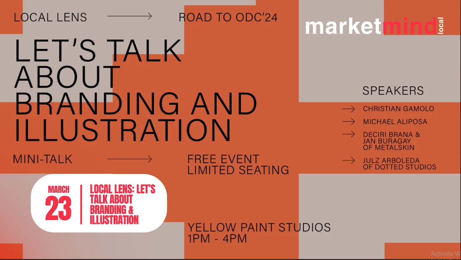 A poster for a branding and illustration event with the text Local Lens: Lets Talk About Branding & Illustration