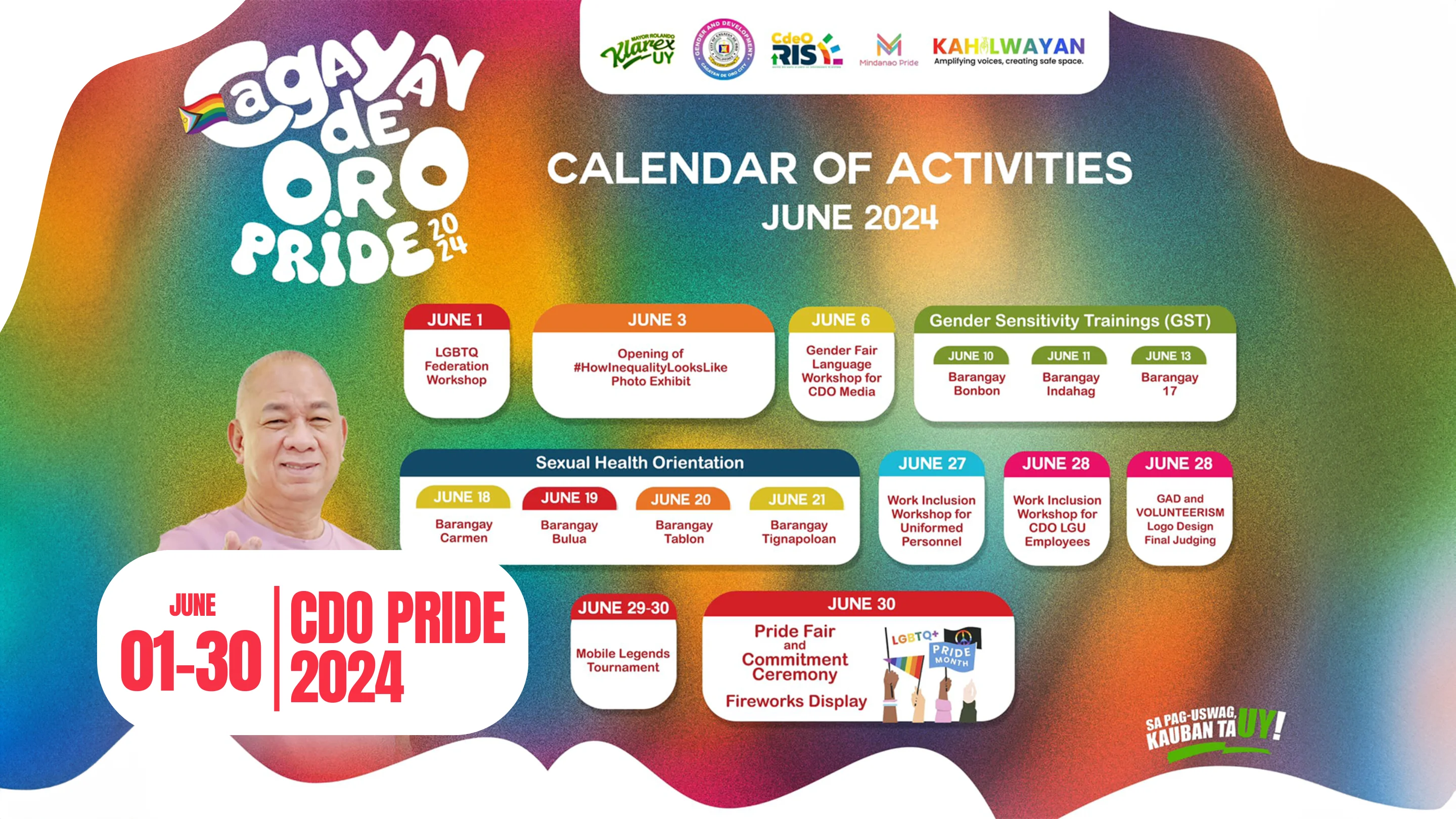 1. Calendar showing dates of pride festival events, including parades, workshops, and performances.