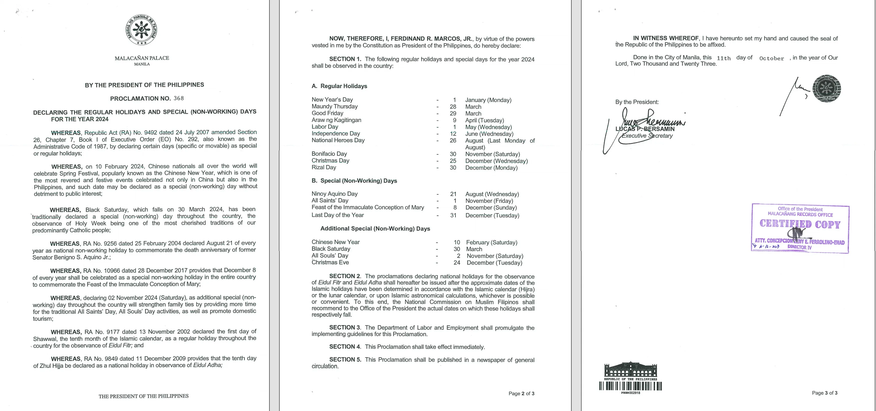 2024 Philippine Holidays: Complete List of Regular and Special Non-Working Holidays 1 A stamped document with a note attached.
