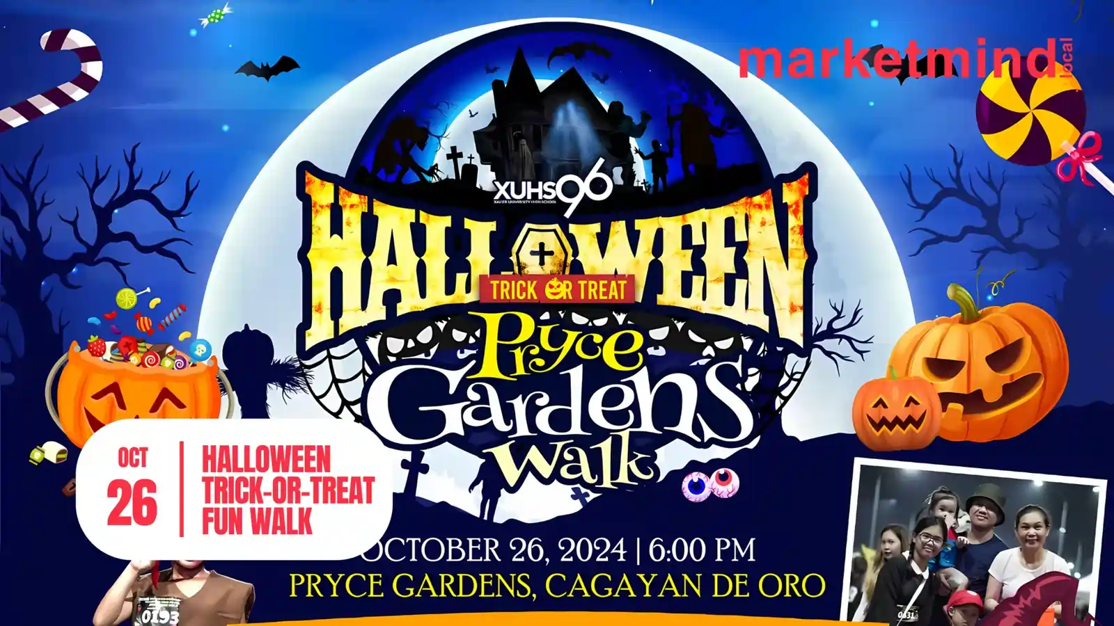 Halloween party flyer featuring a vibrant pumpkin and colorful candy, inviting guests to a festive celebration.