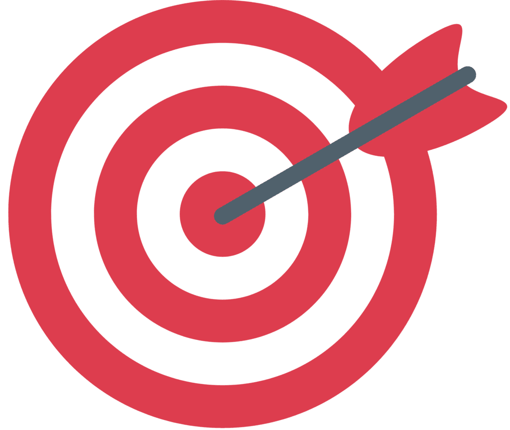 A red and white target with an arrow perfectly centered in the bullseye.