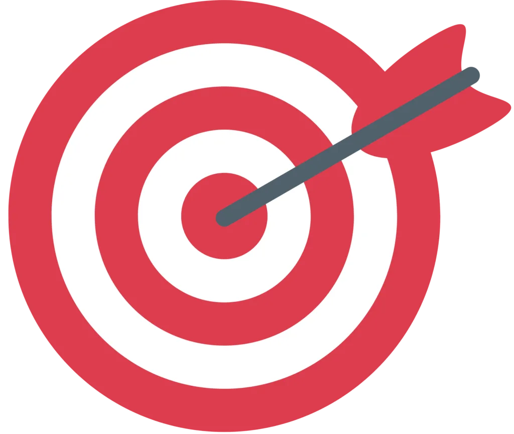 A red and white target with an arrow perfectly centered in the bullseye.