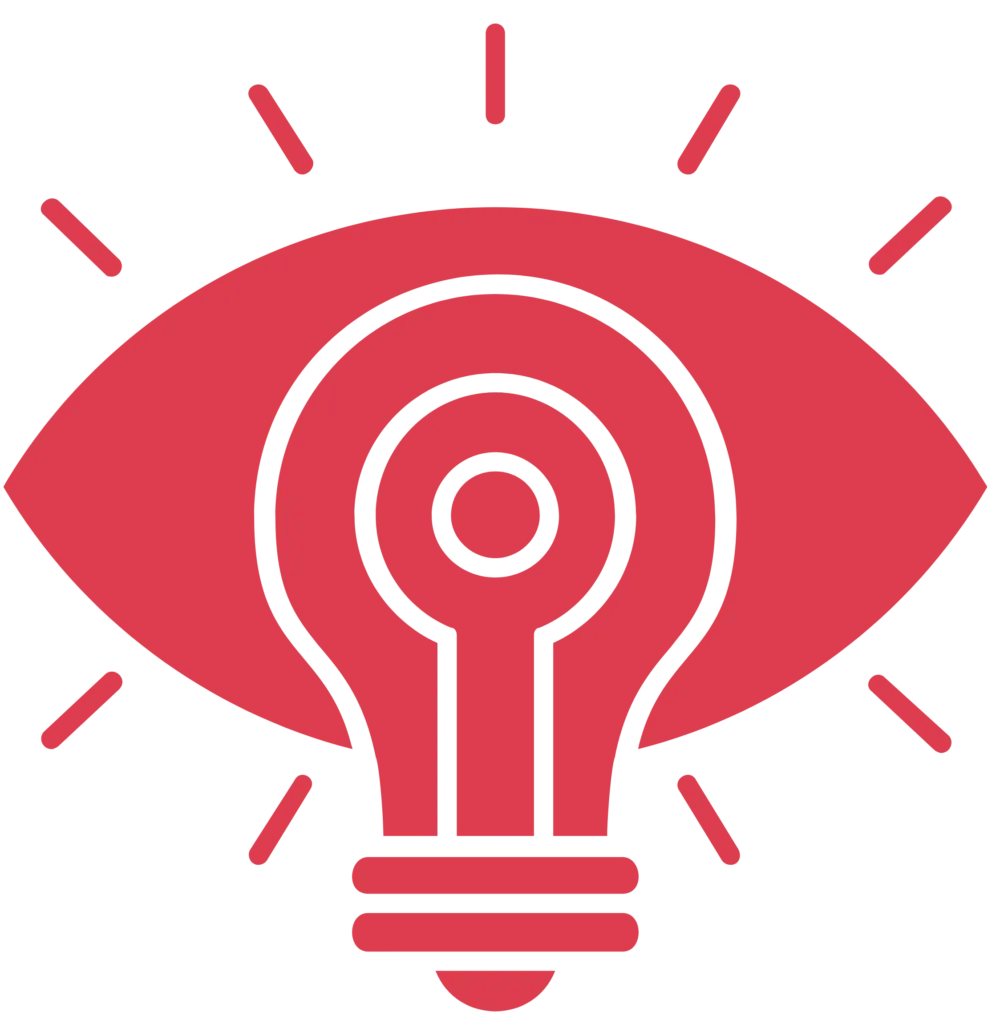 A red light bulb featuring a prominent eye design, symbolizing observation and insight.